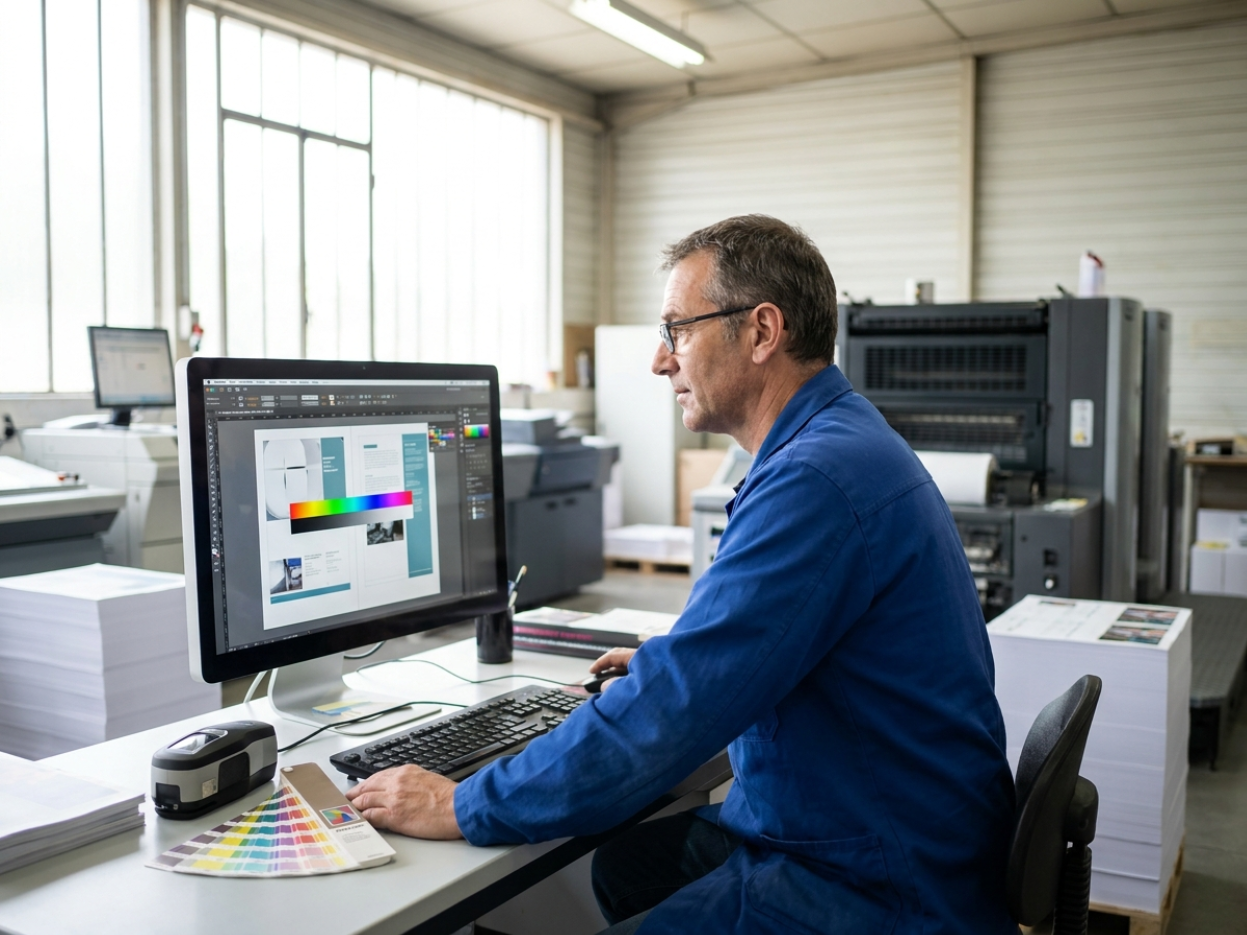 Operateur preparant une impression offset